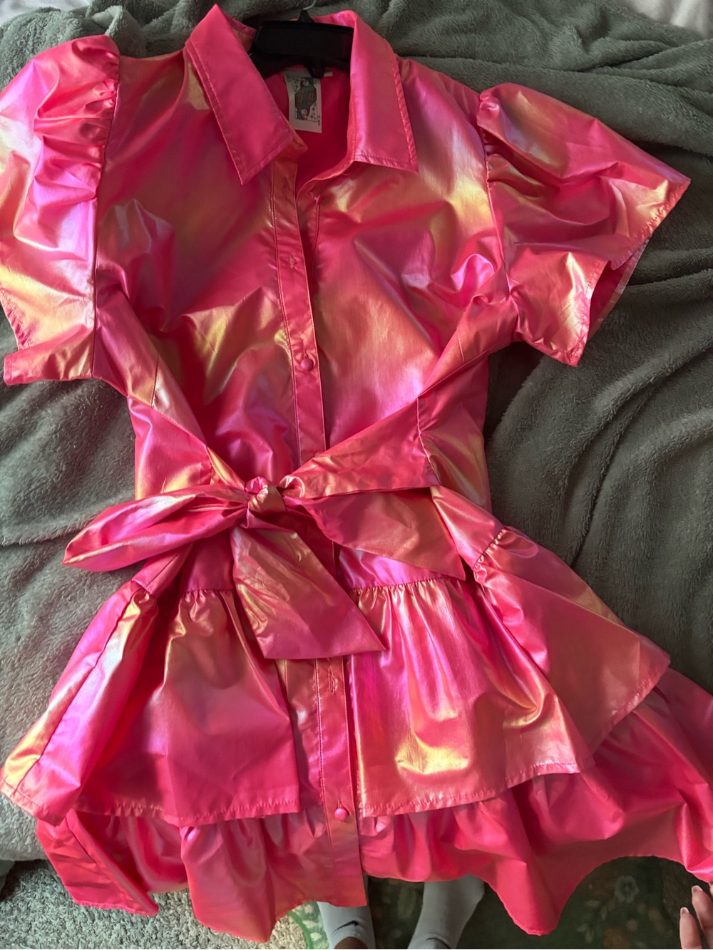 Queen of sparkles Iridescent Pink Tiered Shirt Dress with Waist Tie size L - Picture 4 of 6